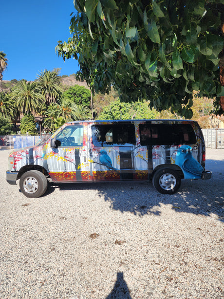 This vibrant custom-painted van, perfect as an RV rental, features a blue bird and forest mural on gravel.