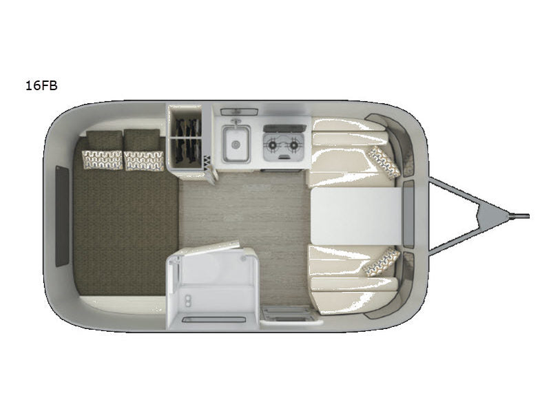 Overhead view of a compact 16FB travel trailer floor plan, ideal for rv rental. Shows bed, kitchen, dinette, and wet bath. — photo 8