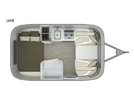 Overhead view of a compact 16FB travel trailer floor plan, ideal for rv rental. Shows bed, kitchen, dinette, and wet bath.