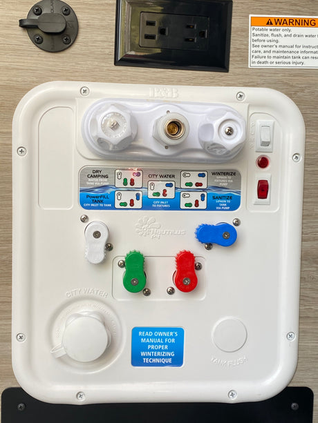 An RV rental's Nautilus P3 water control panel, detailing fill, sanitize, winterize functions, plus power outlets and solar hookup.