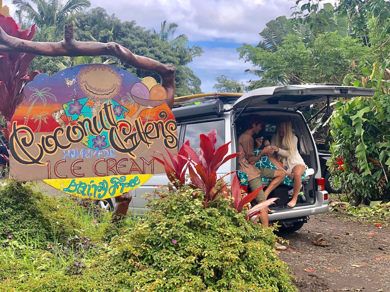 Colorful Coconut Gardens Ice Cream sign beside an rv rental camper van with a couple relaxing inside, surrounded by lush tropics. — photo 2
