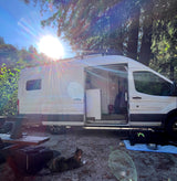 RV rental camper van, side door open, parked on a sunny day. A cat and dog relax nearby, surrounded by lush trees.