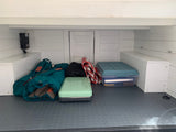  and pull-out table.|Driver's view in an rv rental van: Mercedes-Benz dashboard