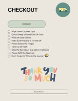 A detailed checkout checklist for an RV rental (Frankie The Van), outlining steps like cleaning, emptying, and refueling.
