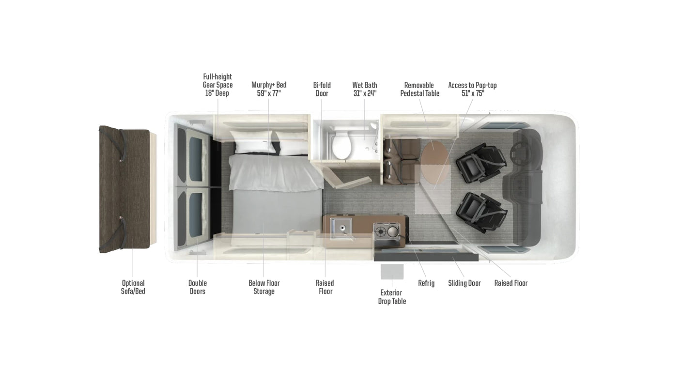 Detailed rv rental floor plan, seen from above, showcasing a Murphy bed, wet bath, kitchen, and convertible seating.