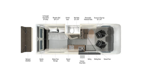 Detailed rv rental floor plan, seen from above, showcasing a Murphy bed, wet bath, kitchen, and convertible seating.