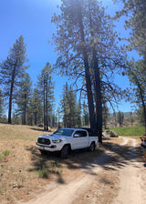 A white Toyota Tacoma pickup truck is parked on a dirt road among tall pine trees, ready for outdoor adventure. Great for exploring remote areas where an RV rental may not reach.
