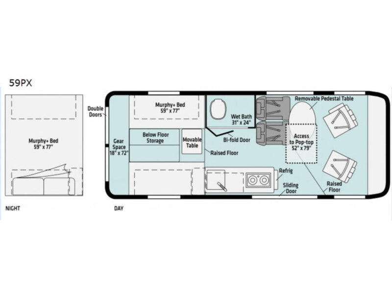  ready for adventure.|RV rental floor plan (59PX) showing day/night layouts with convertible Murphy bed — photo 2