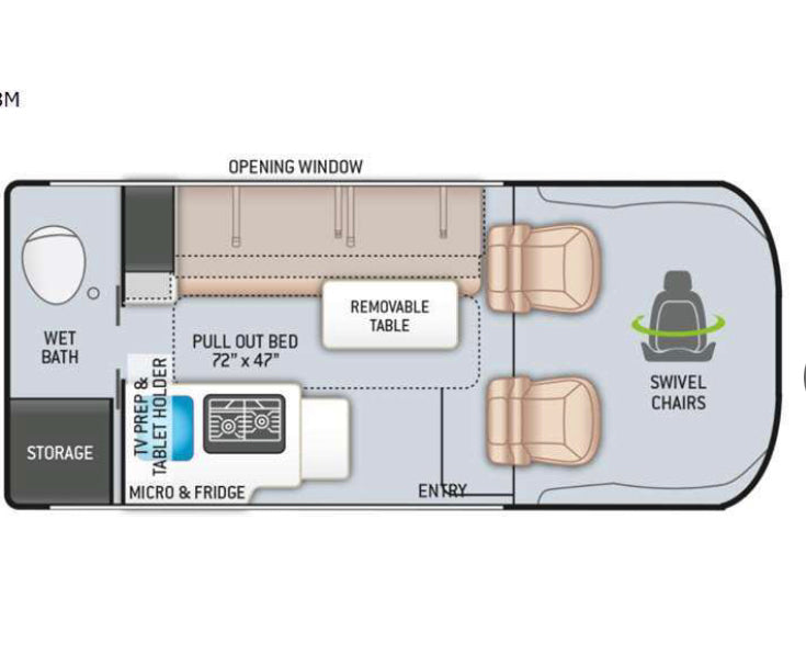 This RV rental floor plan displays a compact interior with a wet bath, pull-out bed, kitchen, and swivel chairs. — photo 10