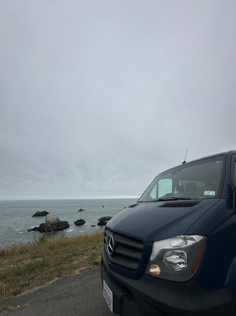 and street view.|A dark blue Sprinter camper van (RV rental) parked in a sunny forest campsite.|Explore mountains in this blue rv rental van — photo 14