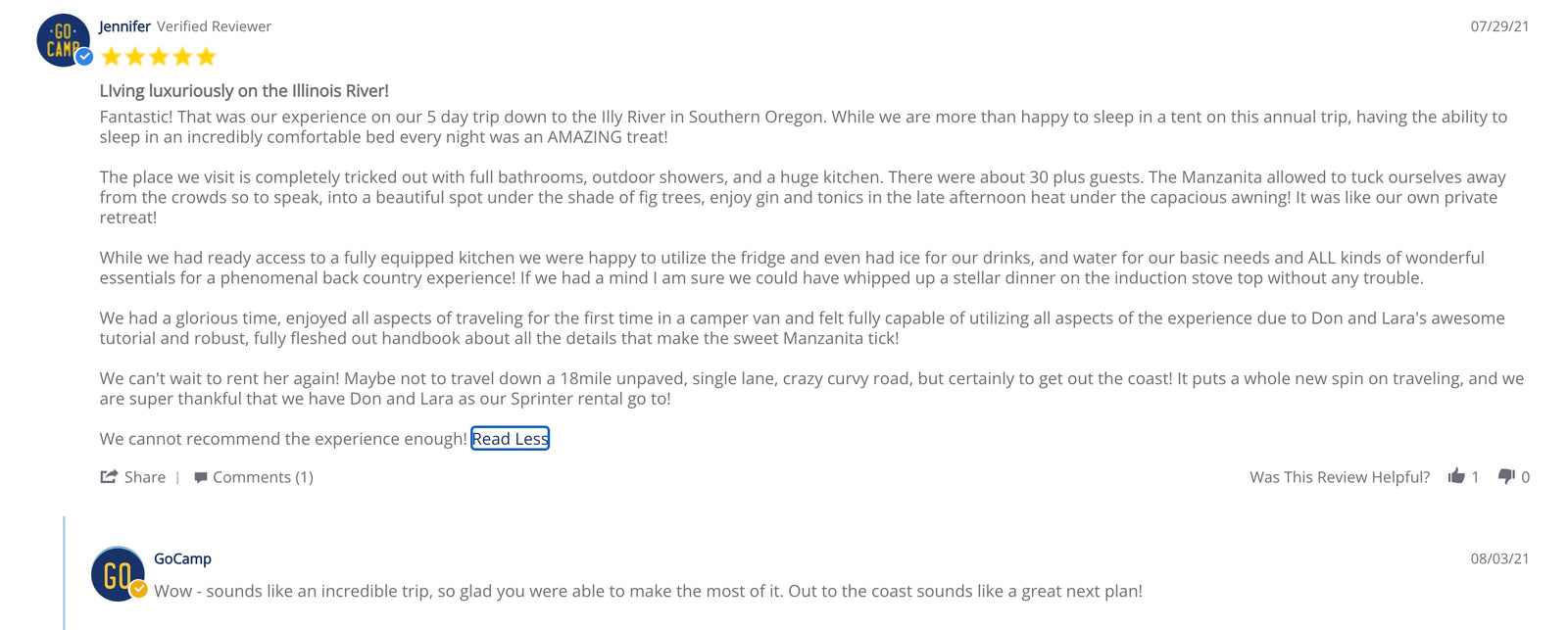 Jennifer's 5-star review of her GoCamp RV rental trip to Oregon, highlighting the comfort & amenities of her camper van.