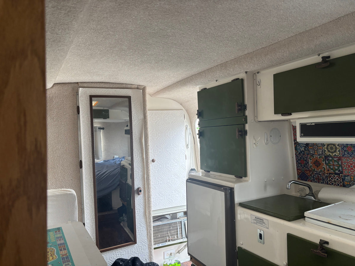 RV rental interior: a compact kitchenette with green cabinets, sink, fridge, and a mirrored door reflecting the sleeping area. — photo 6