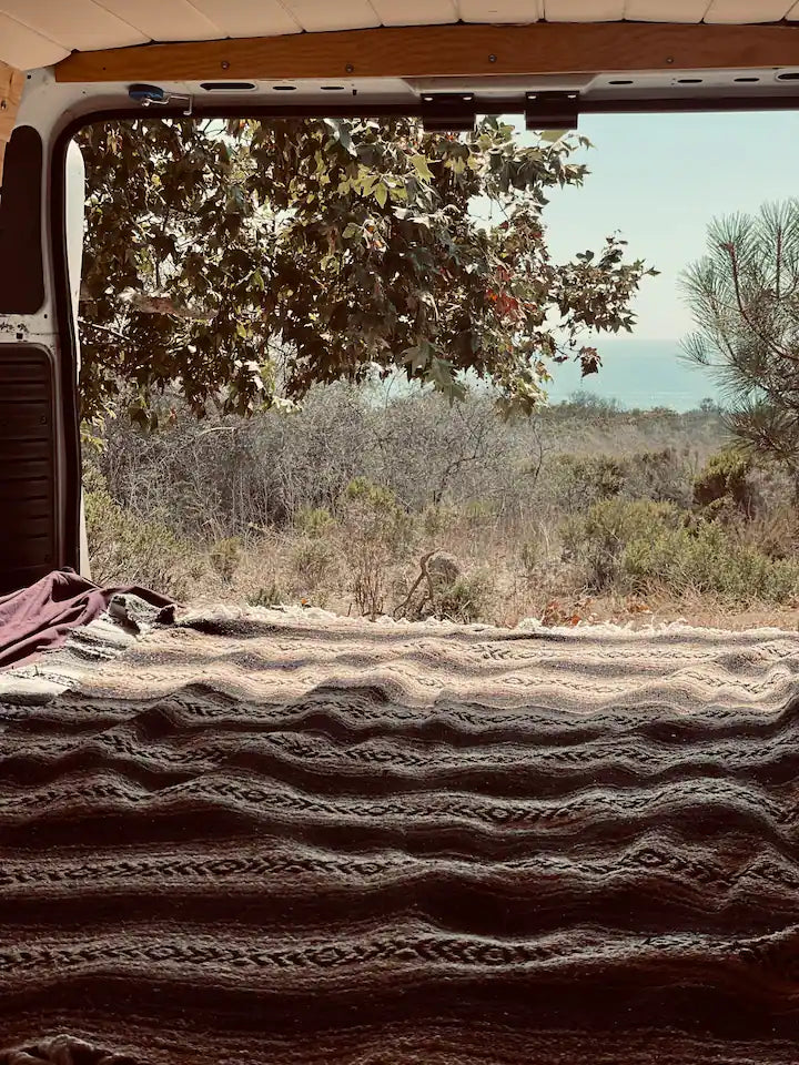 Cozy rv rental bed view from a camper van's open doors, overlooking trees and the distant ocean. Ideal for nature travel. — photo 9