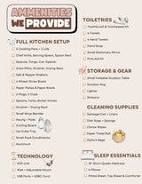 Comprehensive RV rental amenities: full kitchen, toiletries, storage, cleaning, technology, and sleep essentials.