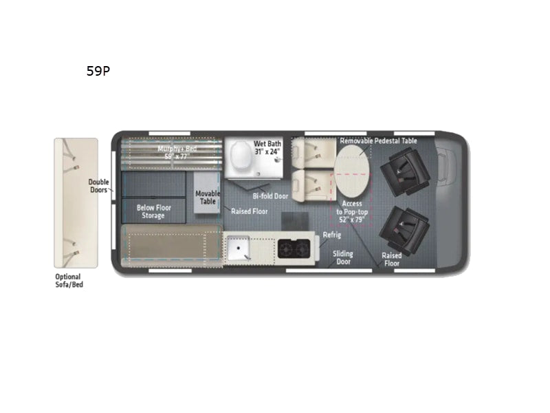  and rear bench seating for travel comfort.|RV rental interior featuring a compact refrigerator — photo 14