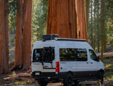 White rv rental camper van nestled among towering redwoods. A perfect setting for a tranquil forest adventure.