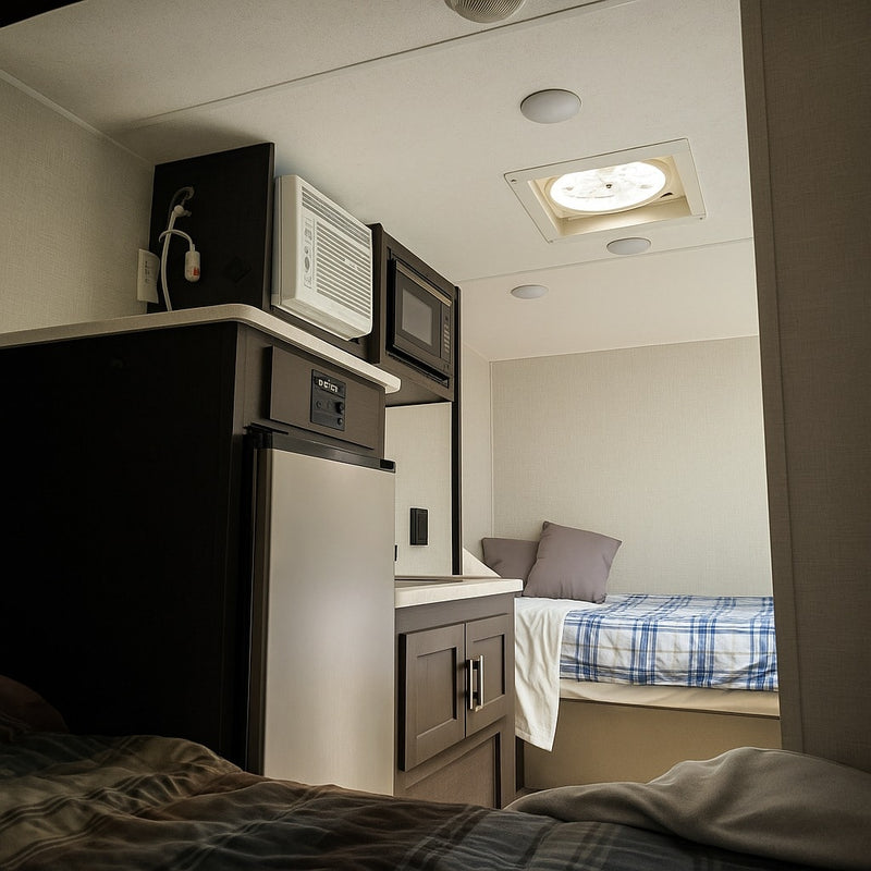 This RV rental shows a compact interior with kitchenette, fridge, microwave, AC, and two sleeping areas. — photo 14