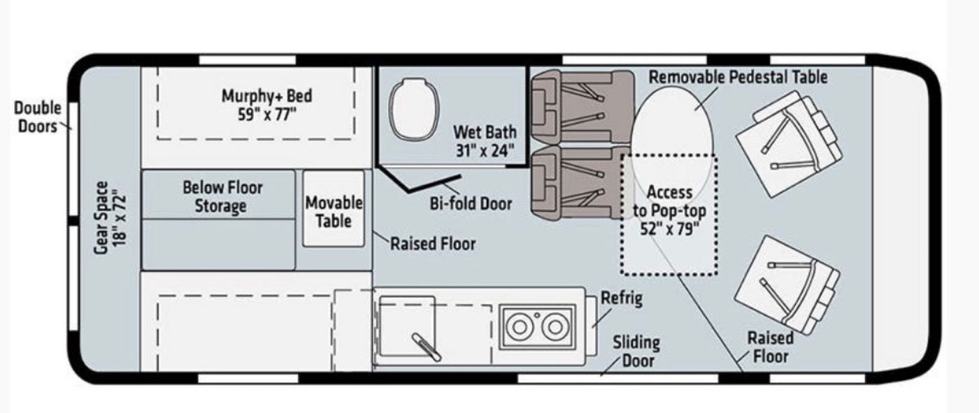  and large windows overlooking trees.|Spacious RV rental kitchen with sink — photo 15
