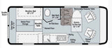 RV rental camper van floor plan, showing a convertible bed, wet bath, kitchen, seating, and pop-top access.