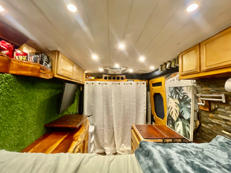 RV rental interior: bright, compact space with faux turf wall, wooden cabinetry, curtained area, and bed. Mobile living comfort. — photo 11