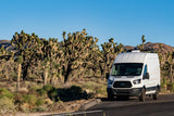 White Ford Transit rv rental van parked among Joshua Trees in a sunny desert. Great for a road trip adventure!