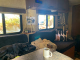Cozy RV rental interior with two dogs peacefully napping on couches, surrounded by natural light from scenic windows.