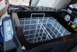 Keep food fresh in your RV rental with this portable electric cooler, showing its open interior, wire basket, and digital temperature display.