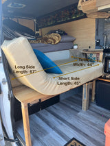 RV rental: Van conversion interior with a modular bed (67" long, 44" wide) & compact kitchen. Optimized for travel.