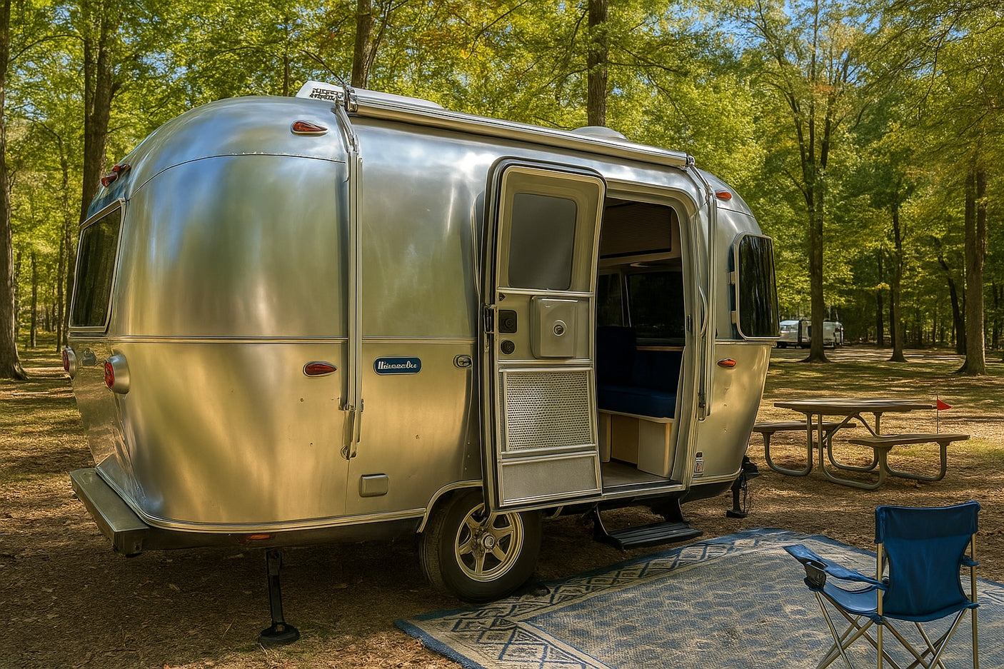 Enjoy this Hiawatha rv rental: a silver travel trailer with an open door, outdoor rug, and chair at a peaceful, wooded campsite.