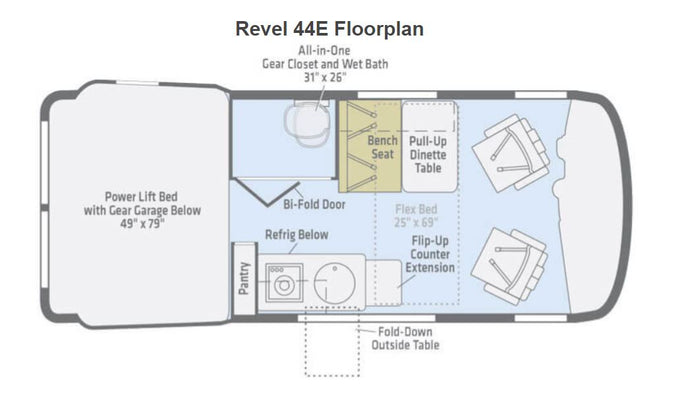 Revel 44E RV floorplan for rv rental: detailed layout of power lift bed, wet bath, kitchen, dinette, and gear garage.