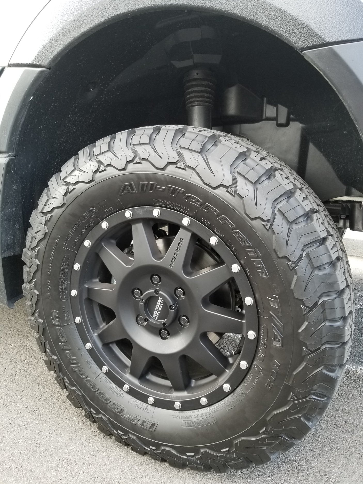 Rugged BFGoodrich All-Terrain T/A KO2 tire and black Method wheel on an RV rental.