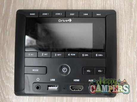 An RV rental multimedia control panel with audio, display, and input options (USB, HDMI, AUX) for your journey.