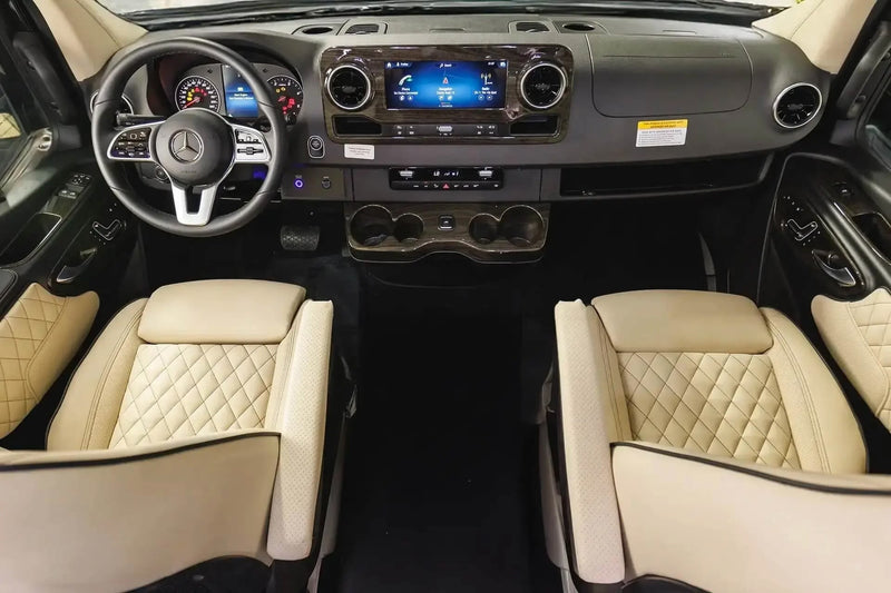  is parked on a driveway.|Luxury black Mercedes-Benz Sprinter van — photo 3