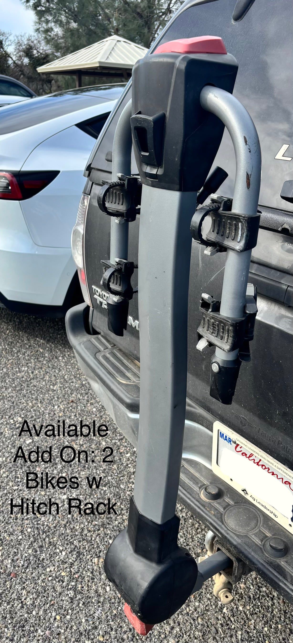 Available RV rental add-on: a 2-bike hitch rack on a truck's rear. Perfect for carrying bikes on your next adventure.