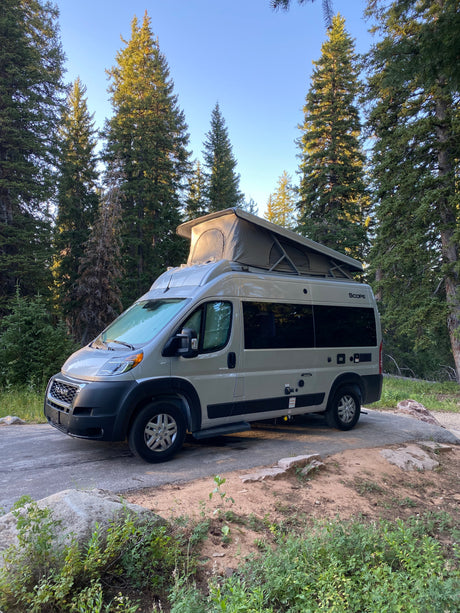 Grey Ram ProMaster RV rental camper van with pop-top tent, parked amidst tall forest trees.