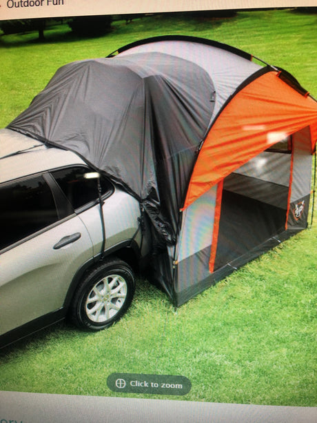 Car camping tent attaches to this vehicle. Great for outdoor fun, offering a unique alternative to rv rental experiences.
