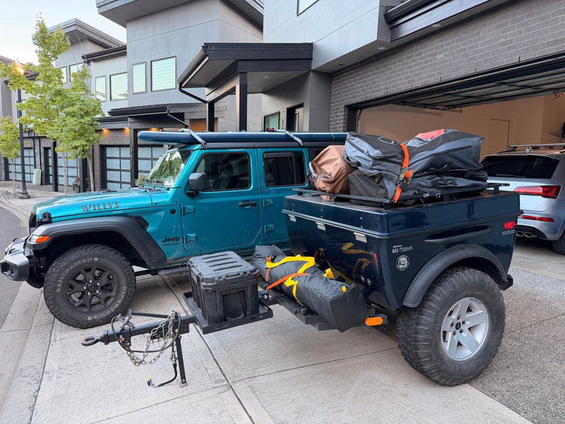 Teal Jeep Wrangler & Tentrax All-Terrain trailer, packed for adventure. Explore beyond an RV rental with this setup. — photo 14