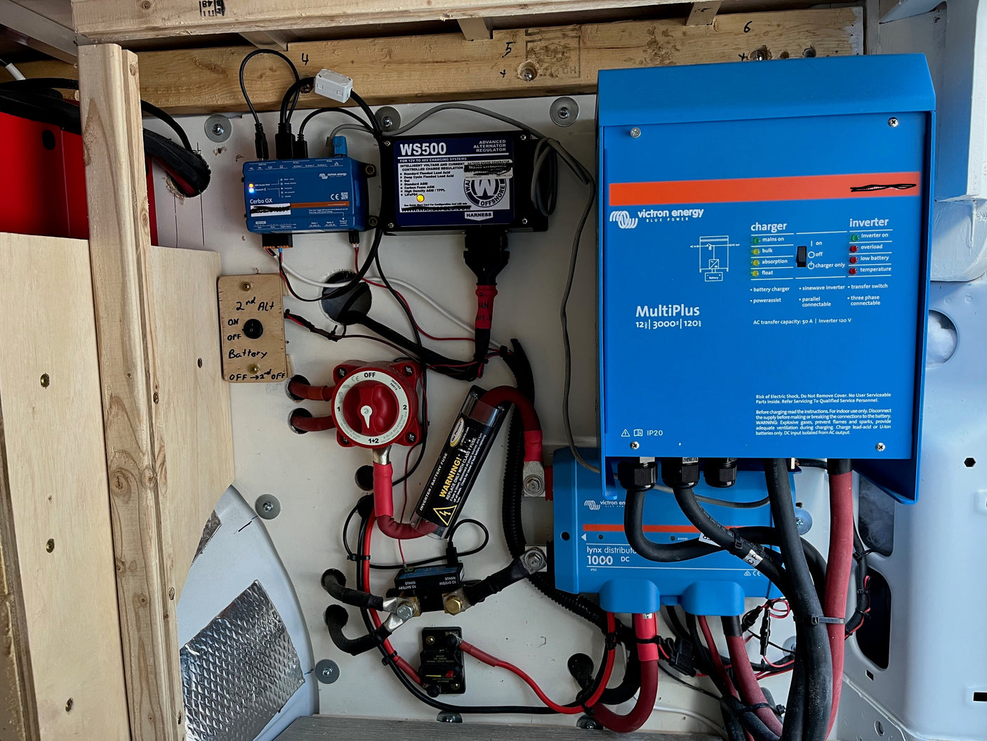 Detailed RV rental electrical system: Victron MultiPlus inverter, Cerbo GX, and WS500 alternator regulator for off-grid power.