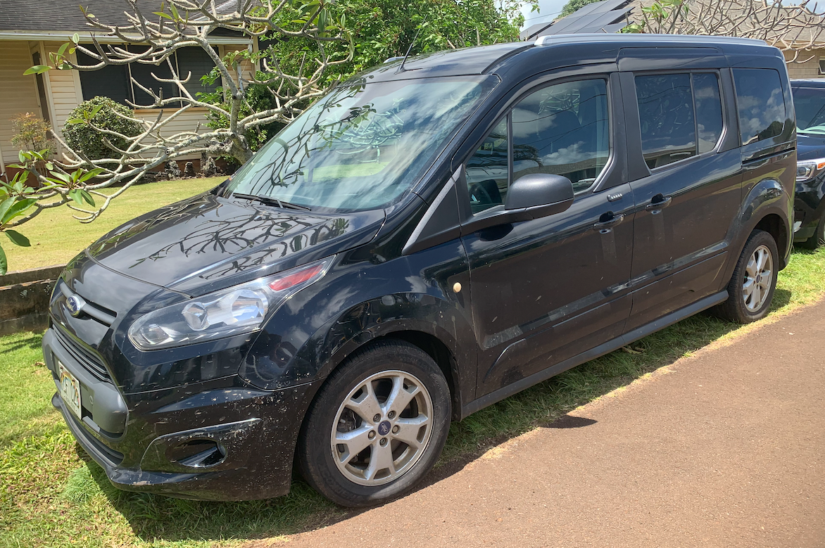 A black Ford Transit Connect van, suitable for a compact RV rental, is parked on grass next to a path.
