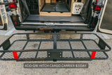 RV rental: Rear of van showing interior storage & optional hitch cargo carrier (add-on $7/day) for extra gear.