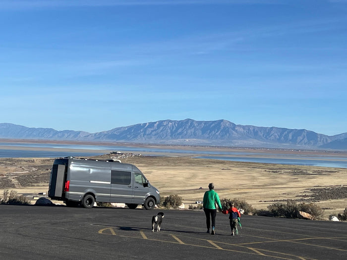 Enjoy an RV rental road trip! Family, dog, and a camper van by a scenic lake and mountains under a blue sky.