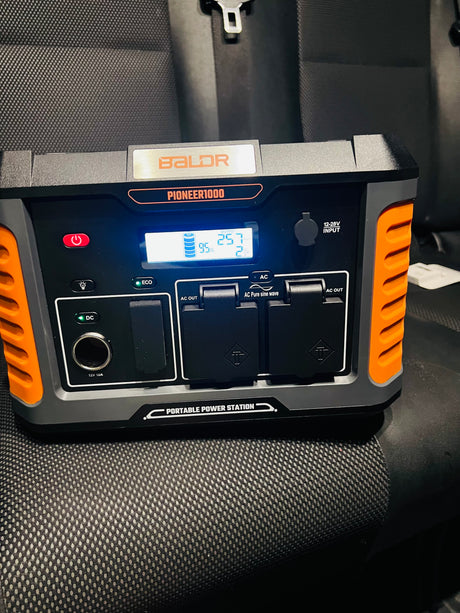 Baldr Pioneer 1000 portable power station, ideal for an RV rental or camping, showing 95% battery and 257W output.
