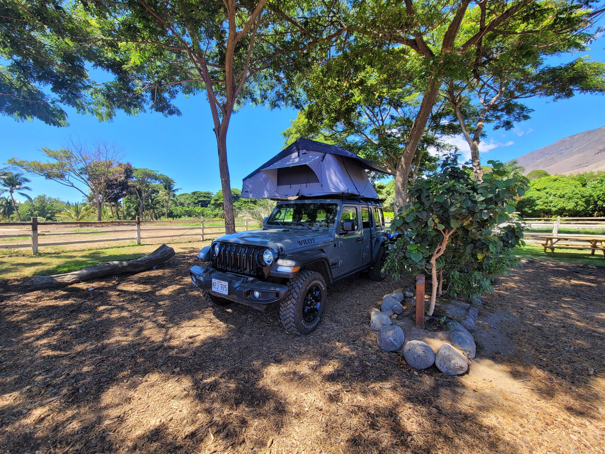 A grey Jeep Gladiator RV rental with a rooftop tent, parked on a dirt lot under large shade trees, ready for adventure.