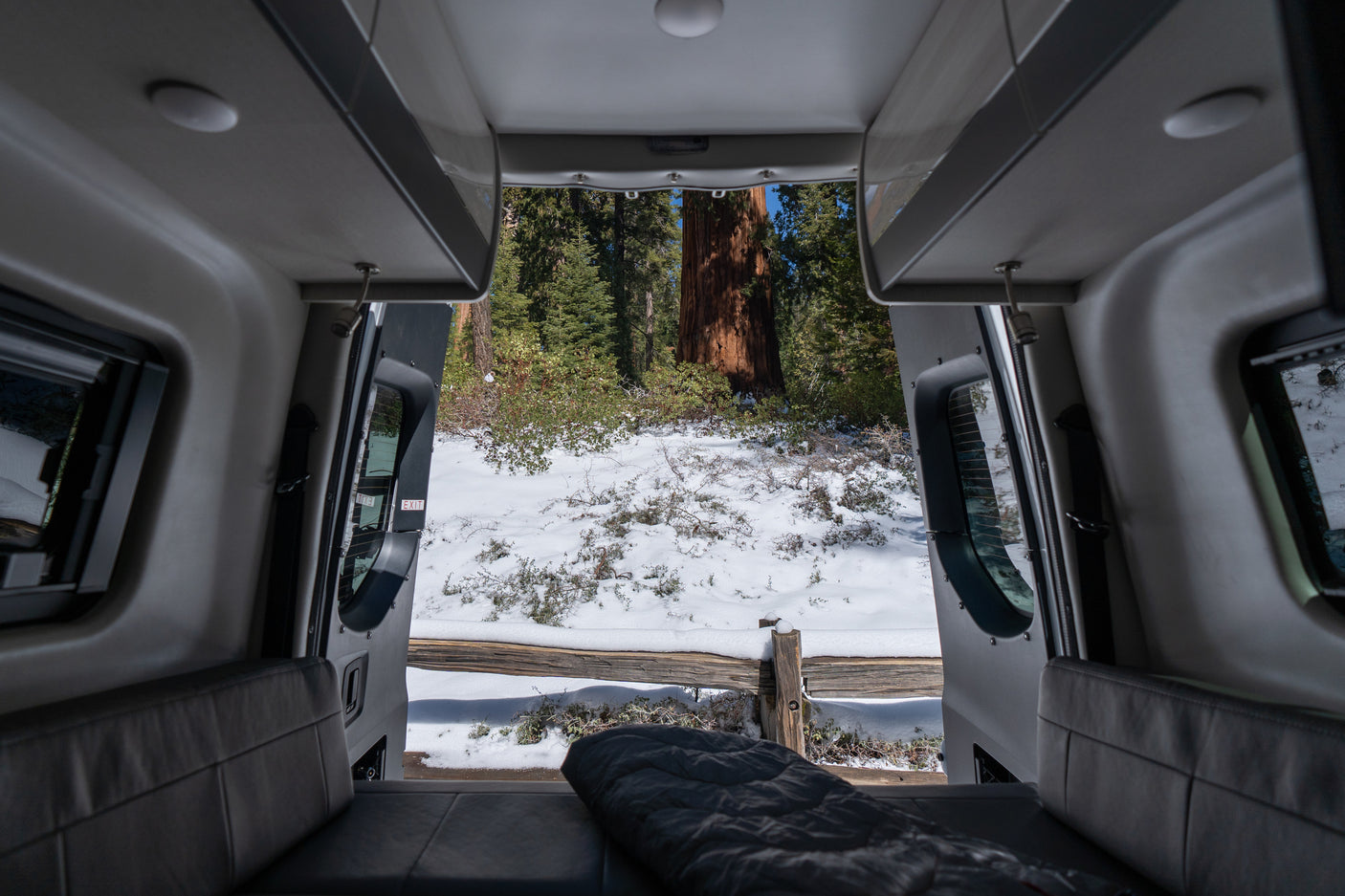 Embrace winter camping with this RV rental view! Cozy camper van looking out at snow-covered forest & giant redwood.