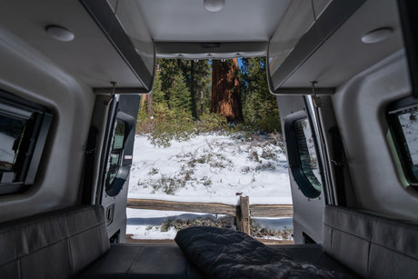 Embrace winter camping with this RV rental view! Cozy camper van looking out at snow-covered forest & giant redwood.