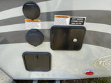 Crucial RV rental hookups: 30A power and city water (max 50 PSI) connections, plus lower service access points.