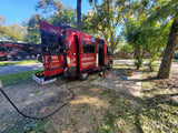 Red RV rental camper van parked at a sun-dappled campsite, with a playful dog on the ground.
