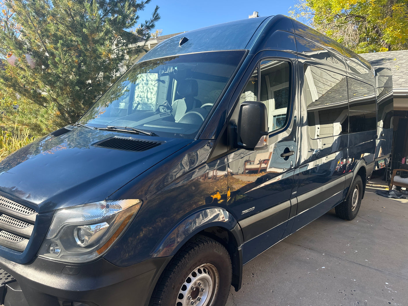 This dark blue Mercedes-Benz Sprinter van, an ideal RV rental, is perfect for your next travel adventure.
