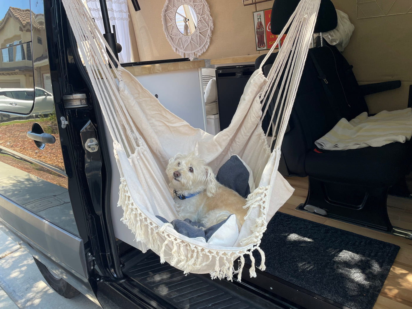 This pet-friendly RV rental features a cozy hammock, perfect for a relaxing dog, seen inside with the door open. — photo 11