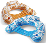 Two tropical pool floats, one orange, one blue, with leaf patterns & crowns. Enhance your RV rental adventure with comfort.